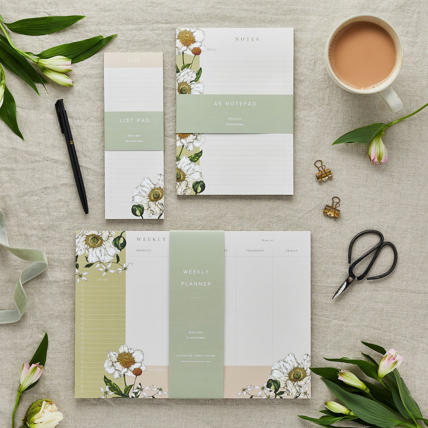 Stationery Trio - Planner, Notepad & List Pad Set - Spring Blossom