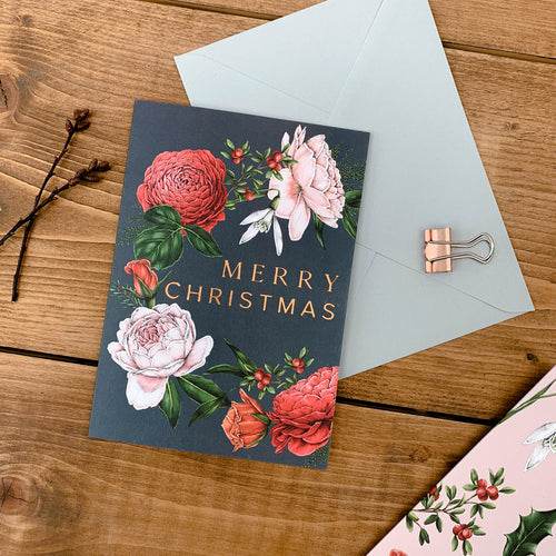 Berry Roses - Wreath - Navy Christmas Card