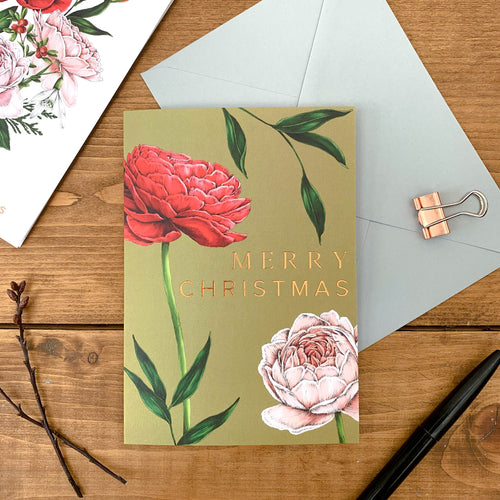 Berry Roses - Rose - Green Christmas Card