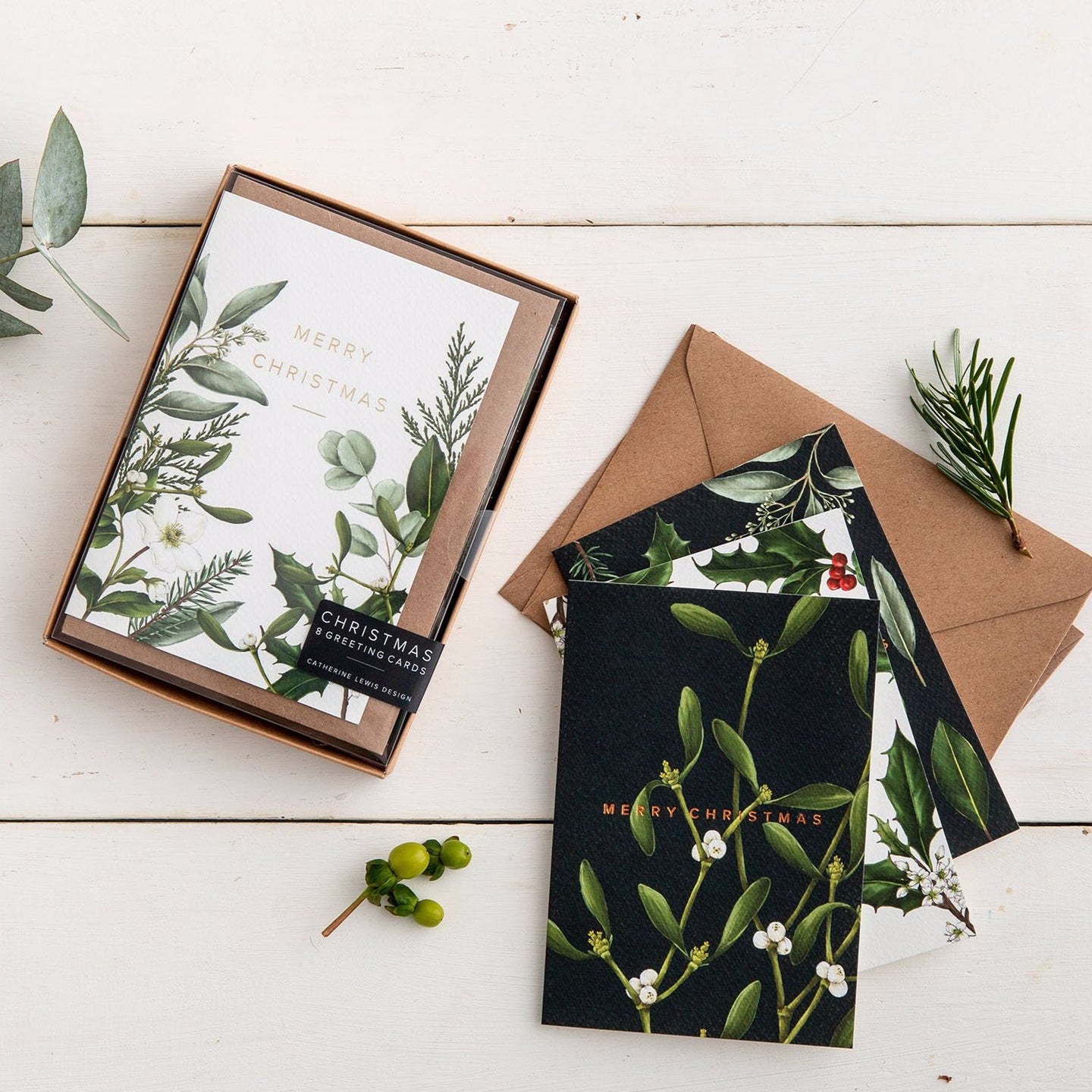 Box of 8 Luxury Botanical Christmas Cards - 'Greenery' Collection
