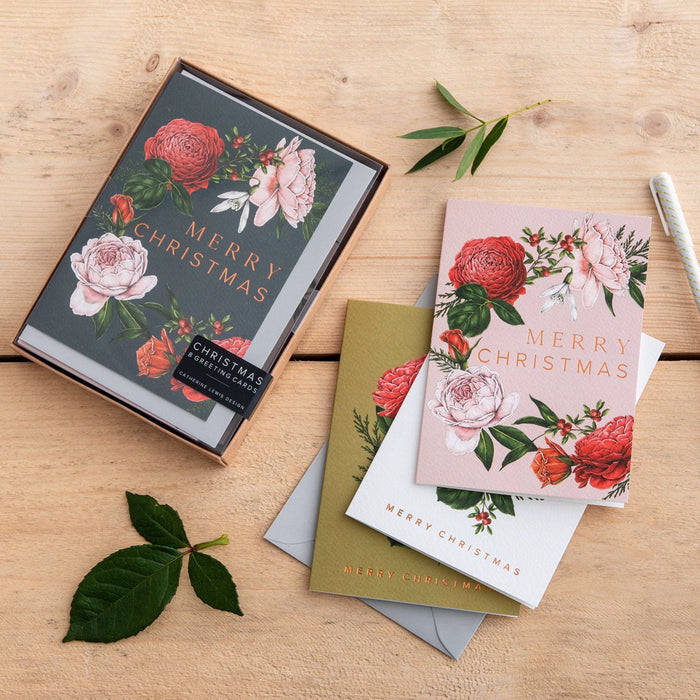 Box of 8 Botanical Luxury Christmas Cards - 'Berry Roses' Collection