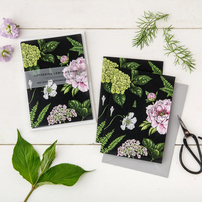 Summer Garden - Pack of 6 Blank Cards - Black