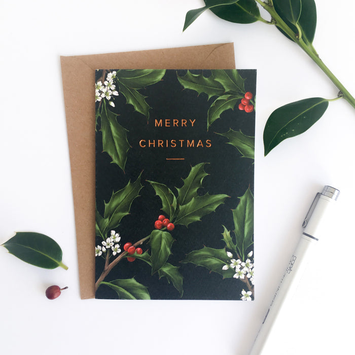 Holly Border - Black Christmas Card